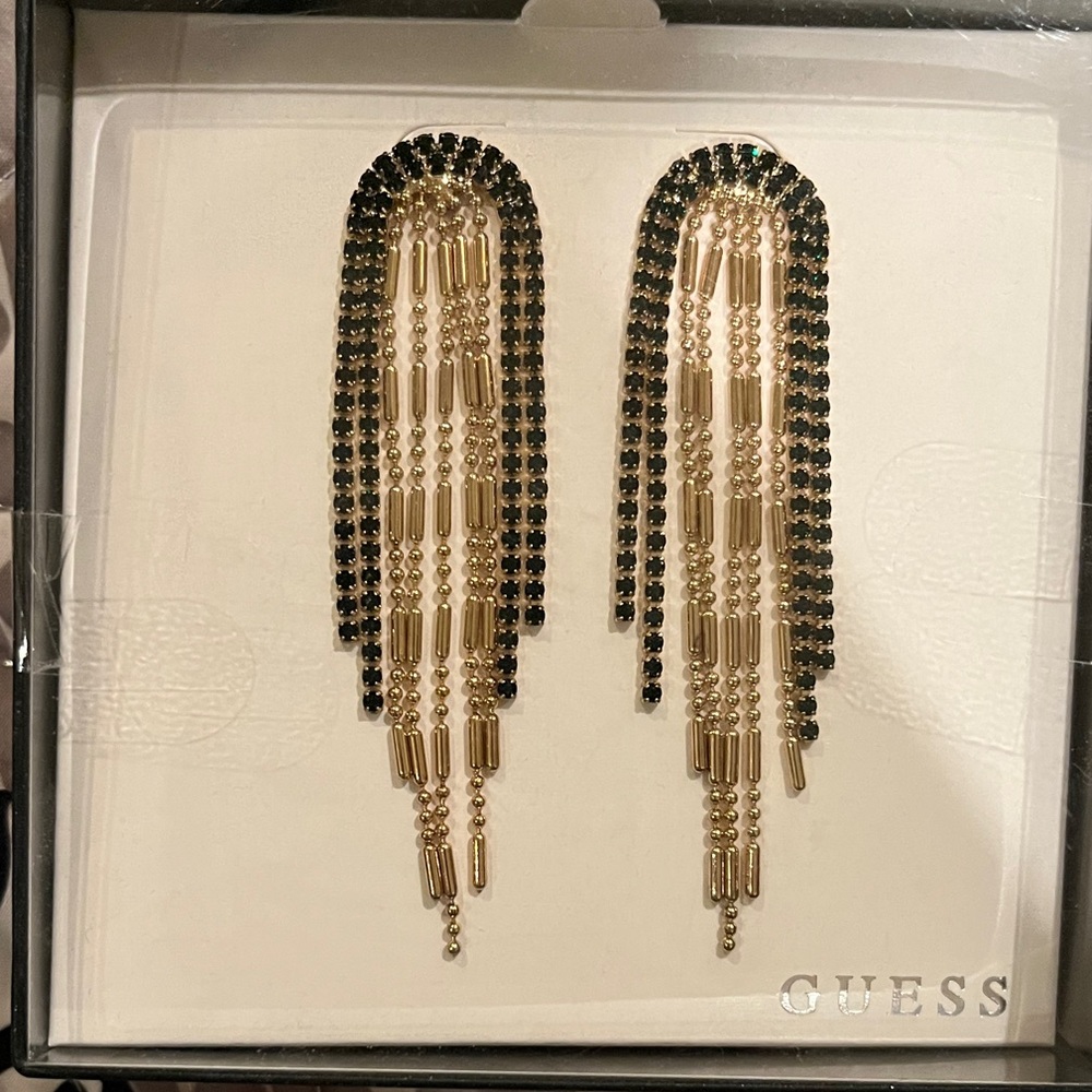 GUESS Dark Green and Gold Fringe Earrings NEW IN BOX